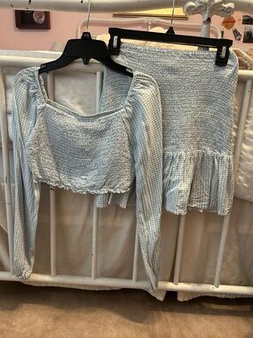 Japna Light Blue Gingham Smocked Crop Top & Ruffle Skirt Set